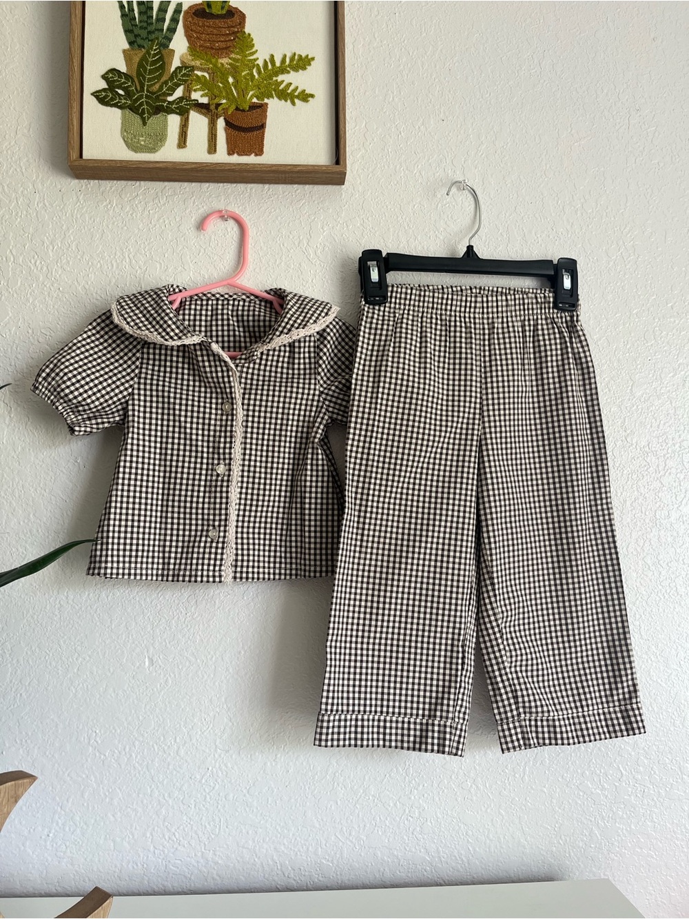btween Brown & White Gingham Pajama Set with Peter Pan Collar
